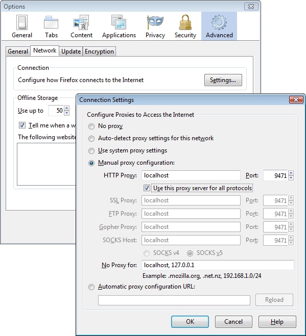 Firefox proxy settings
