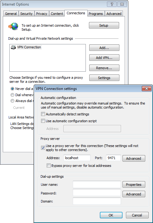 Internet Options connection settings